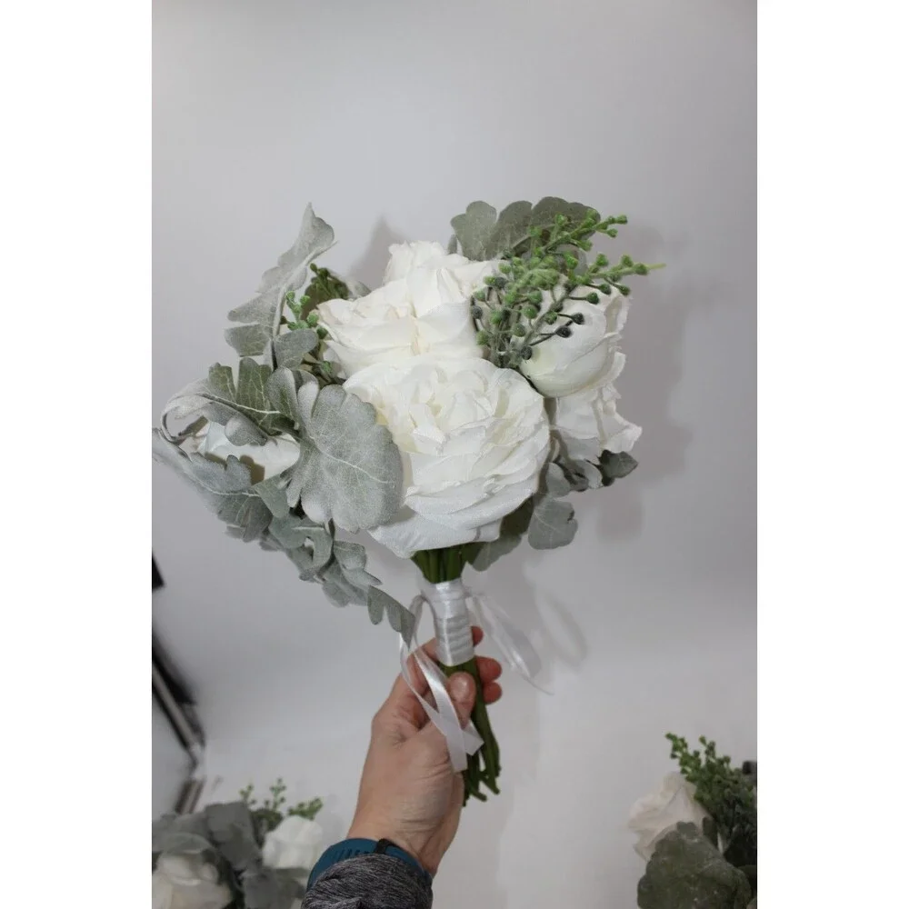 Wedding Artificial Flower Bouquet Lot of 3 Bridesmaid Bridal Flower Girl WHITE
